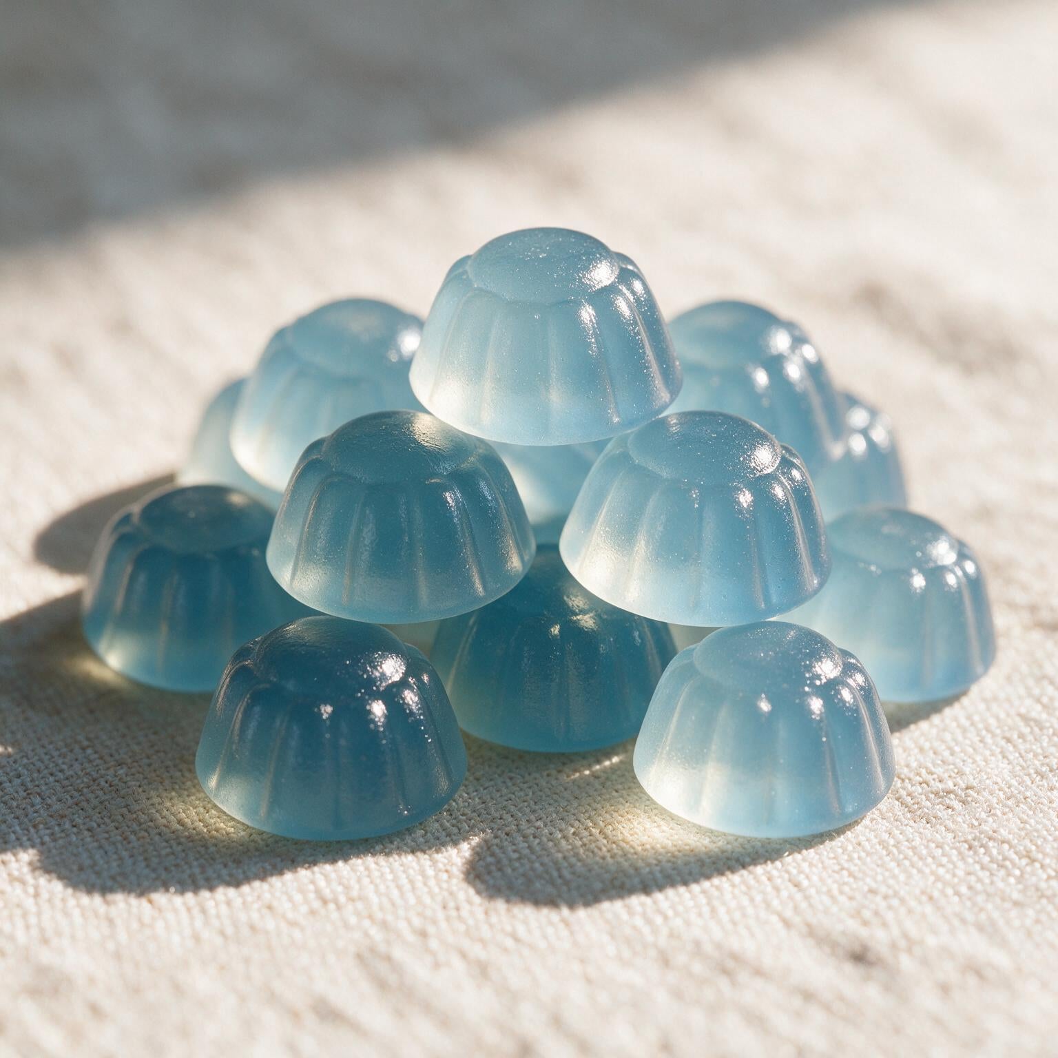 Gomas de magnesio sabor vainilla, azul claro, sobre lino con luz natural