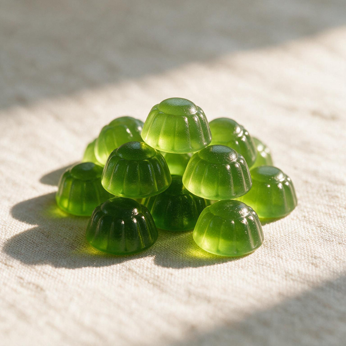 Gomas de té verde, alcachofa y espirulina sabor manzana verde, sobre lino con luz natural