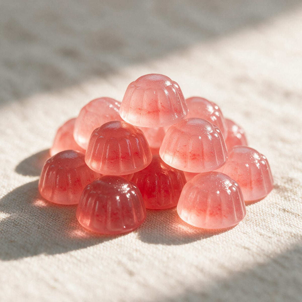 Gomas de colágeno sabor sandía, rosadas, sobre lino con luz natural