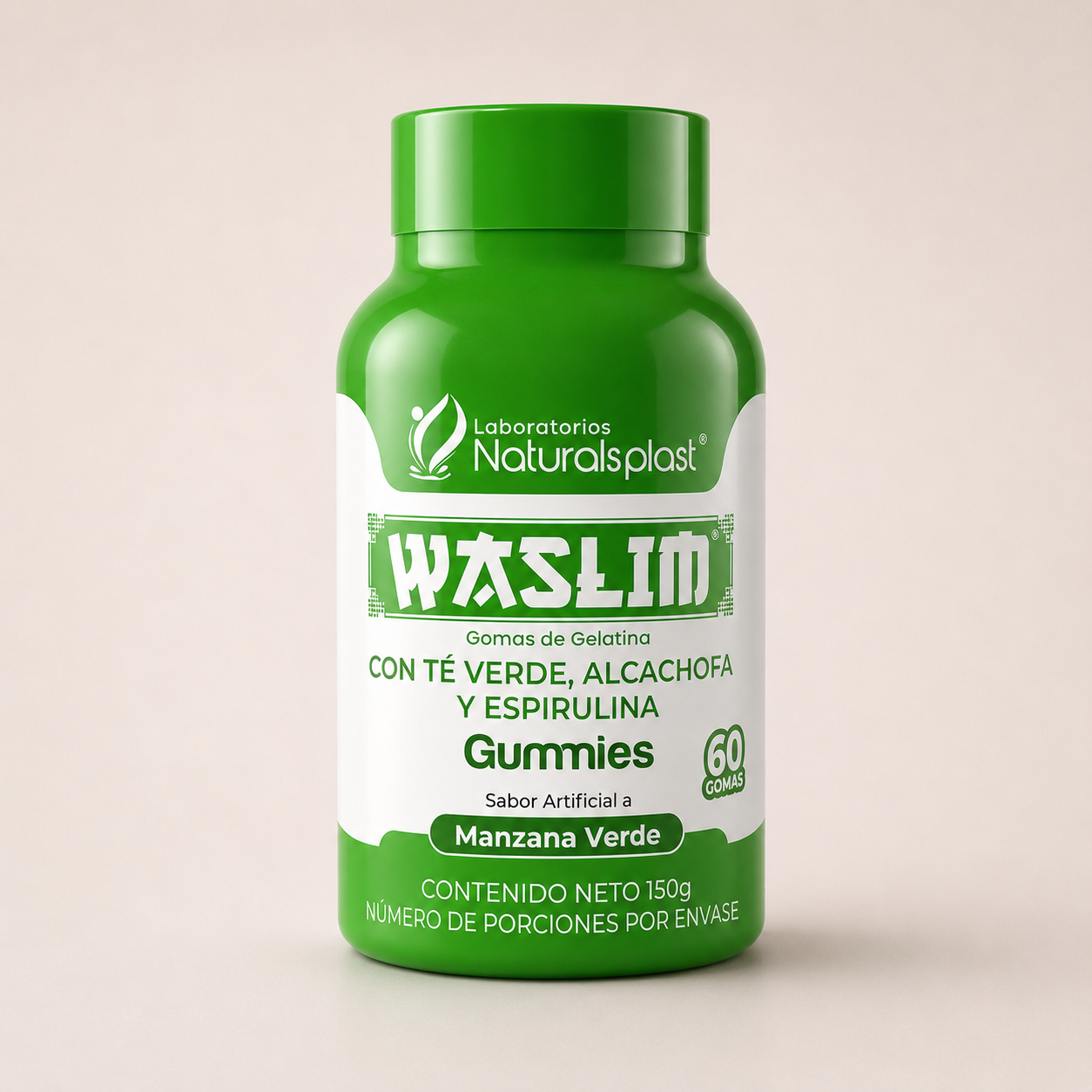 Frasco de gomas de té verde, alcachofa y espirulina Sivena, sabor manzana verde, 60 gomas