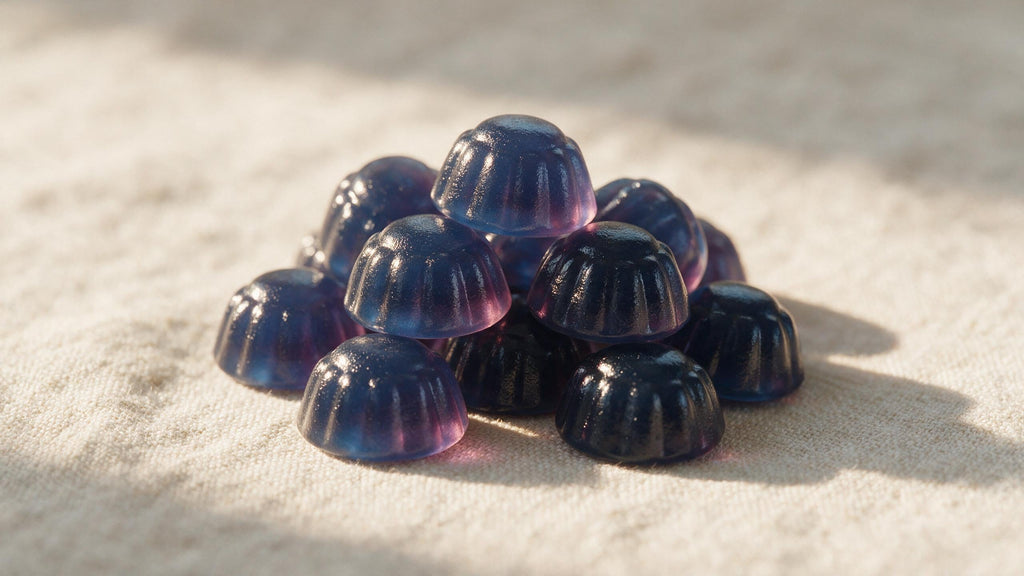 Gomas de creatina sabor mora azul sobre lino con luz natural