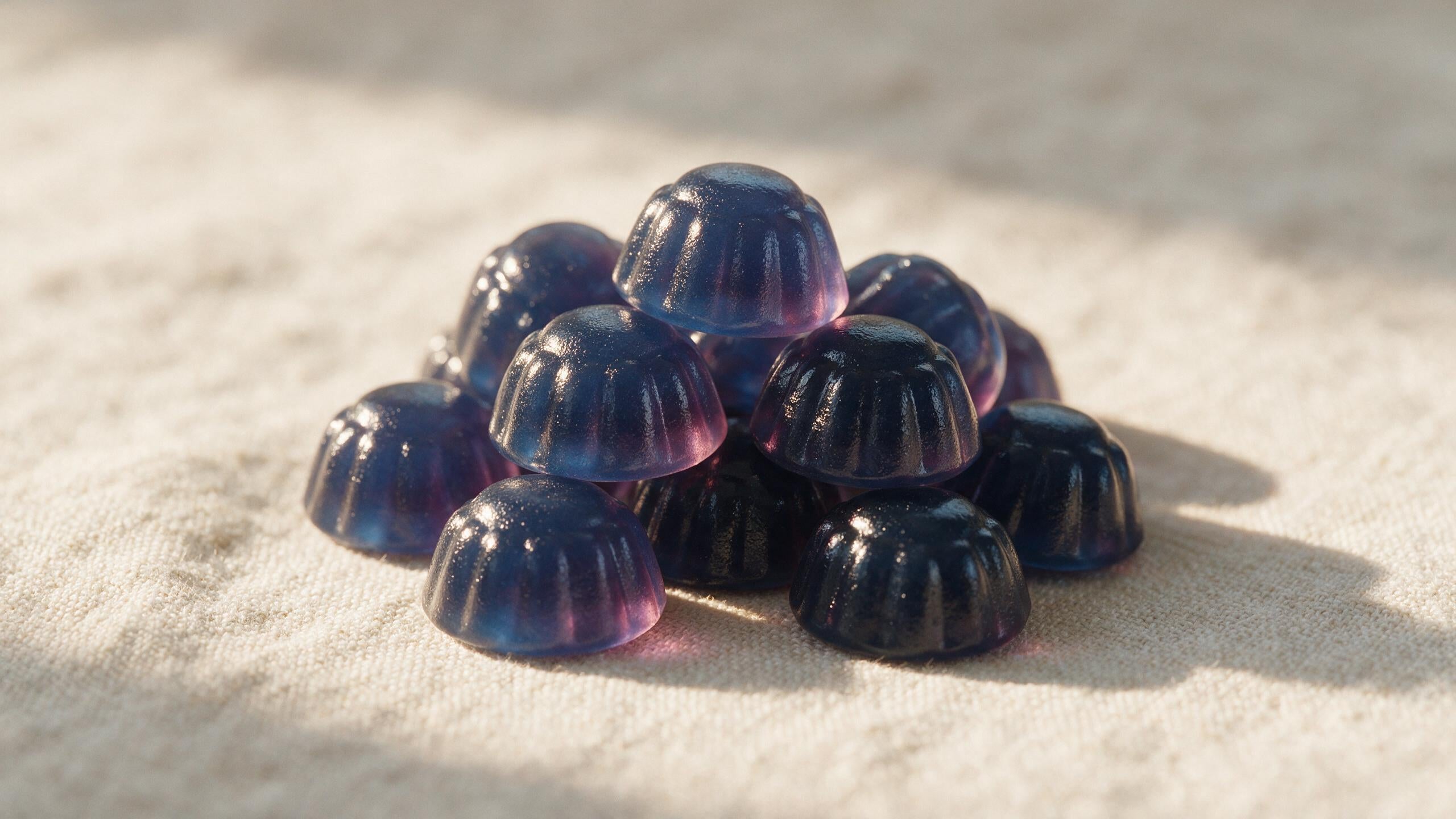 Gomas de creatina sabor mora azul sobre lino con luz natural