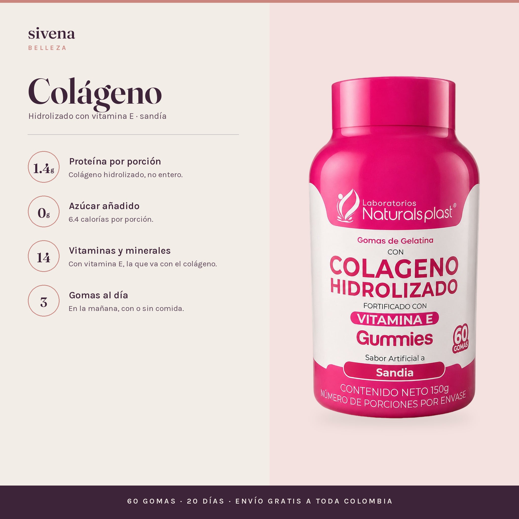 Colágeno en gomas: 1.4 g de proteína por porción, cero azúcar añadido, 14 vitaminas y minerales, tres gomas al día