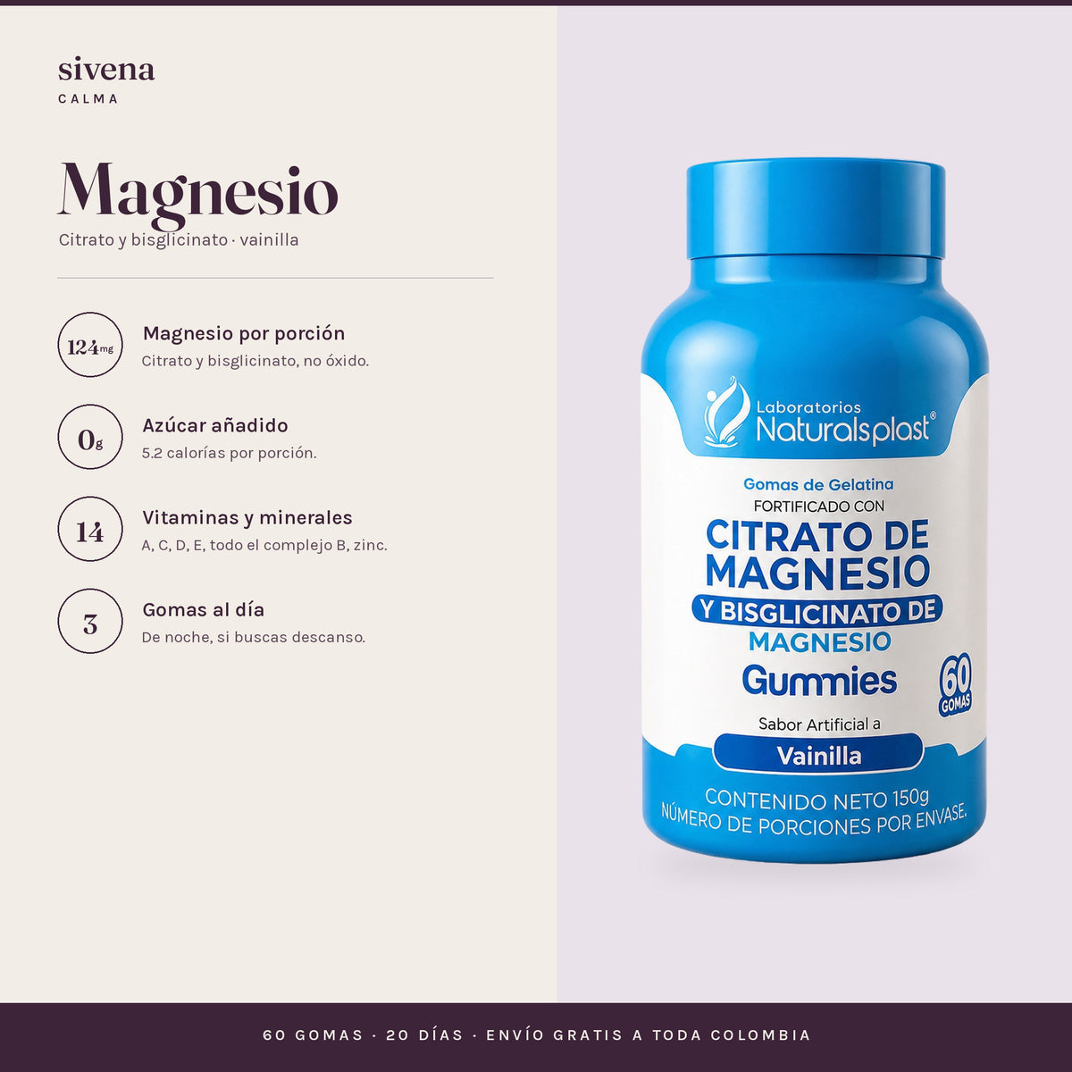 Magnesio en gomas: 124 mg por porción, cero azúcar añadido, 14 vitaminas y minerales, tres gomas al día