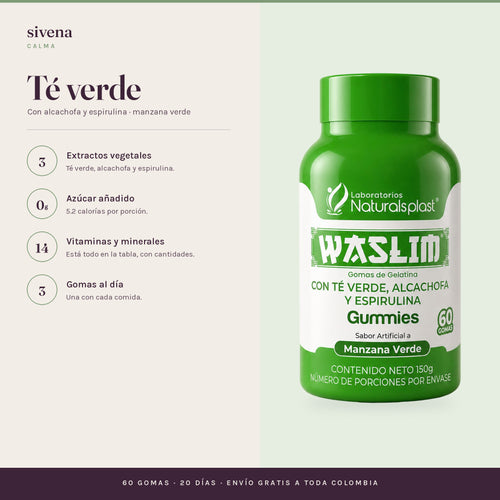 Gomas de té verde, alcachofa y espirulina: tres extractos vegetales, cero azúcar añadido, 14 vitaminas y minerales, tres gomas al día