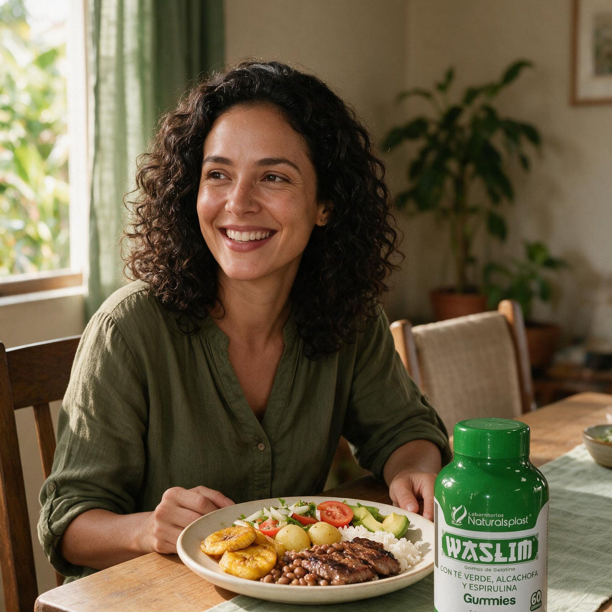 Mujer con las gomas de té verde, alcachofa y espirulina en la mesa del almuerzo